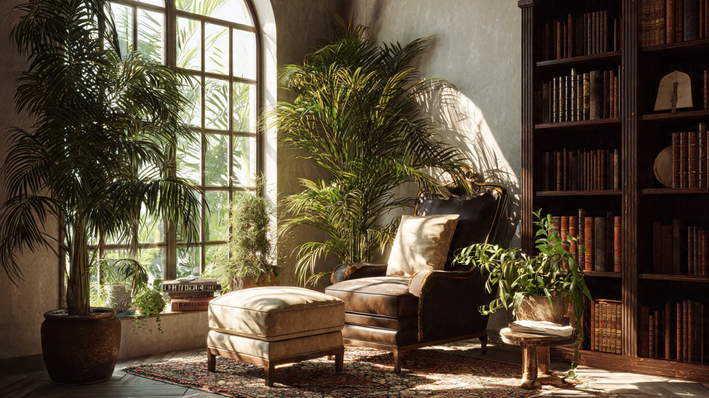 How Can You Transform Your Space Into a Cozy Reading Nook Featuring Tall Palms?