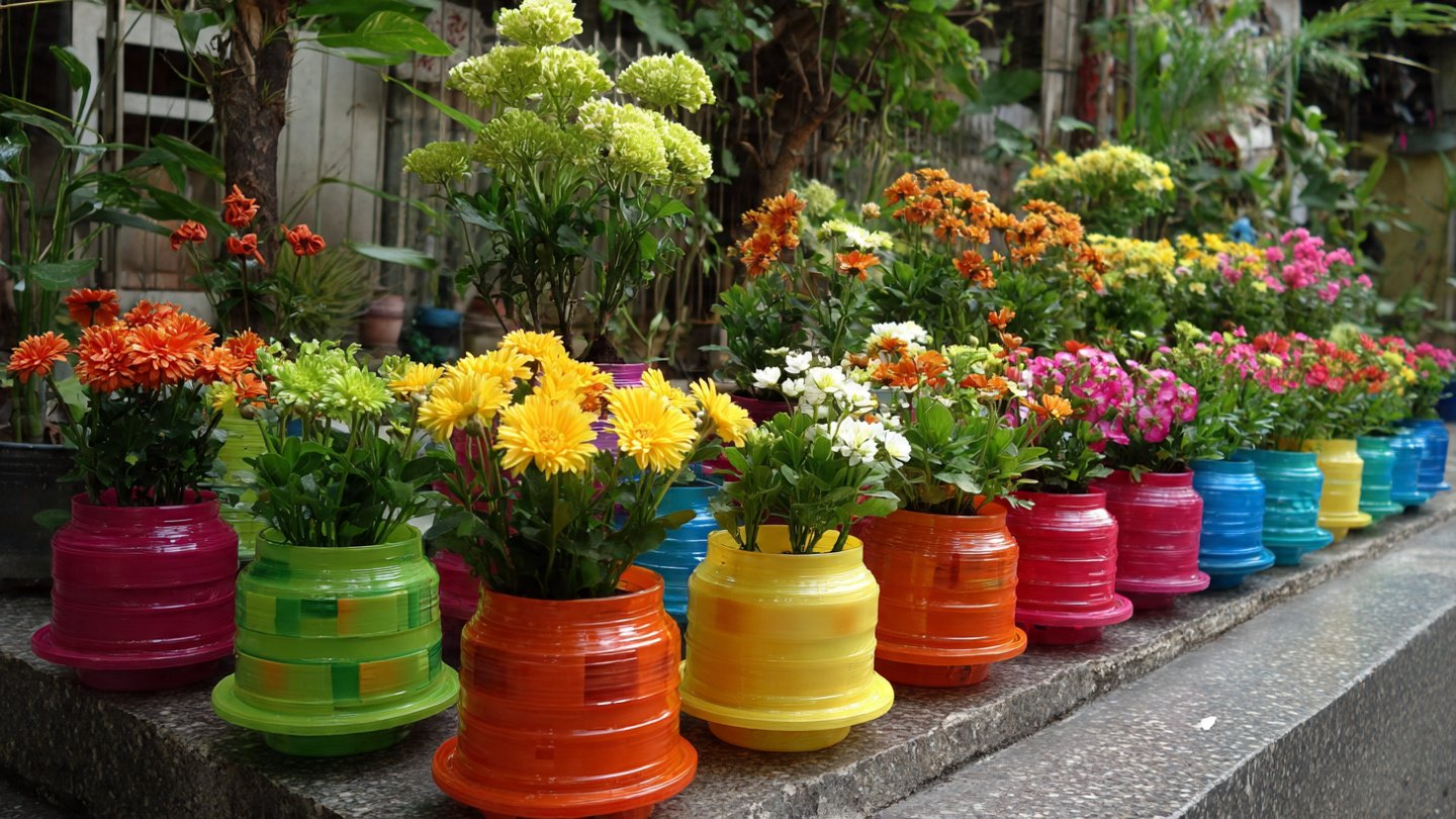 Recycle Plastic Bottles into Colorful Cup Flower Pots for Lovely Garden