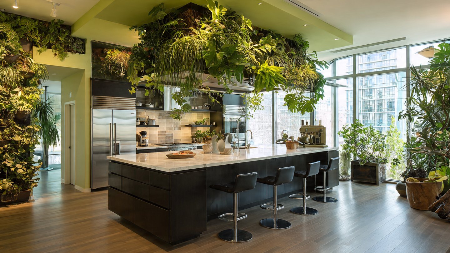 Which Plants Transform a Sleek Modern Kitchen Island into a Green Oasis?